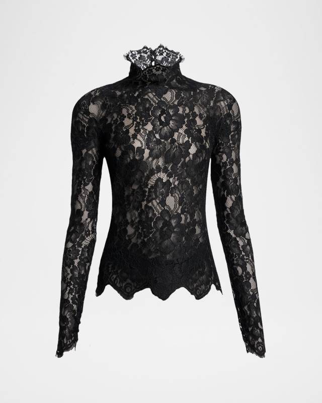 Turtleneck Sheer Lace Long-Sleeve Top